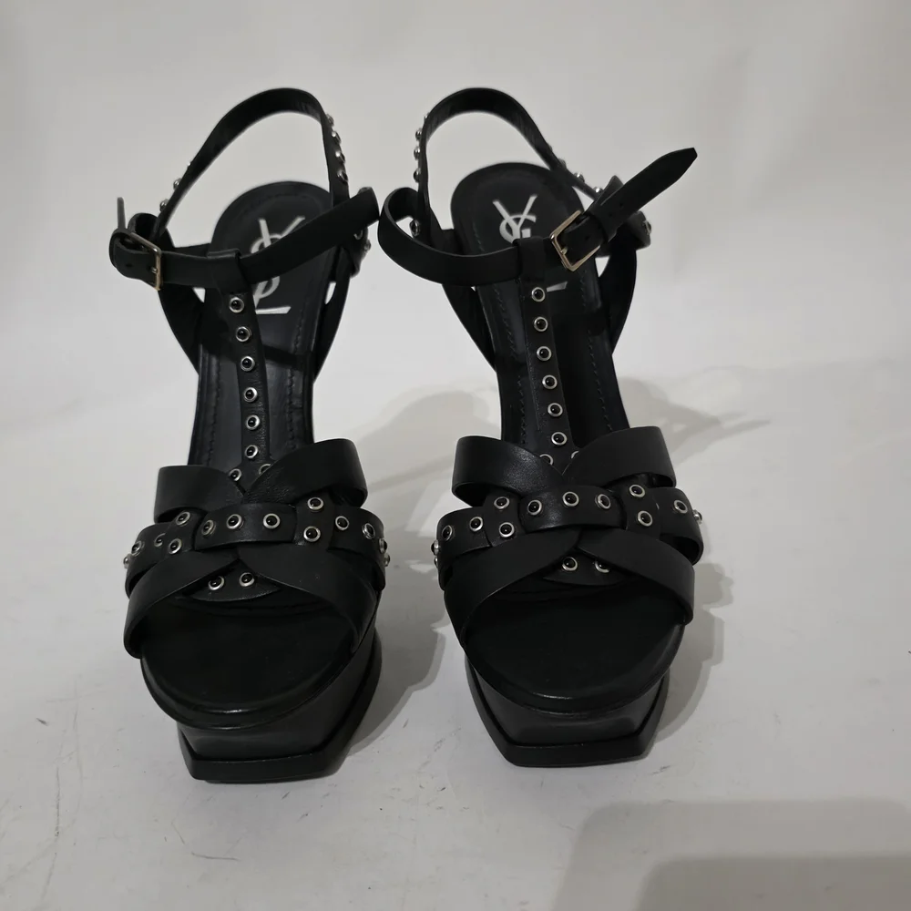 Saint Laurent Tribute Black Studded Strappy Platform Heels Women’s Size 40 - Picture 4 of 9